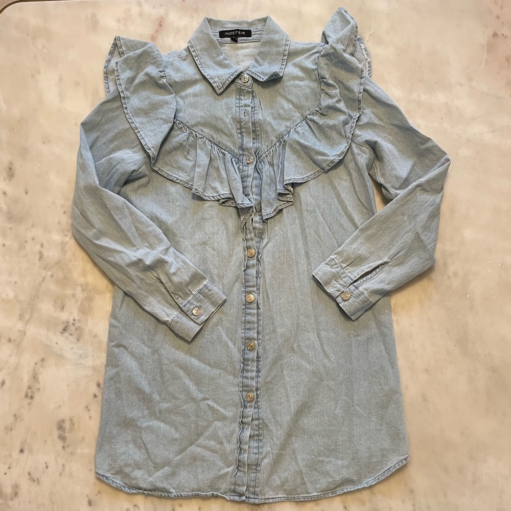 Indefeir Denim Ruffle Shirt Dress Large 6 8